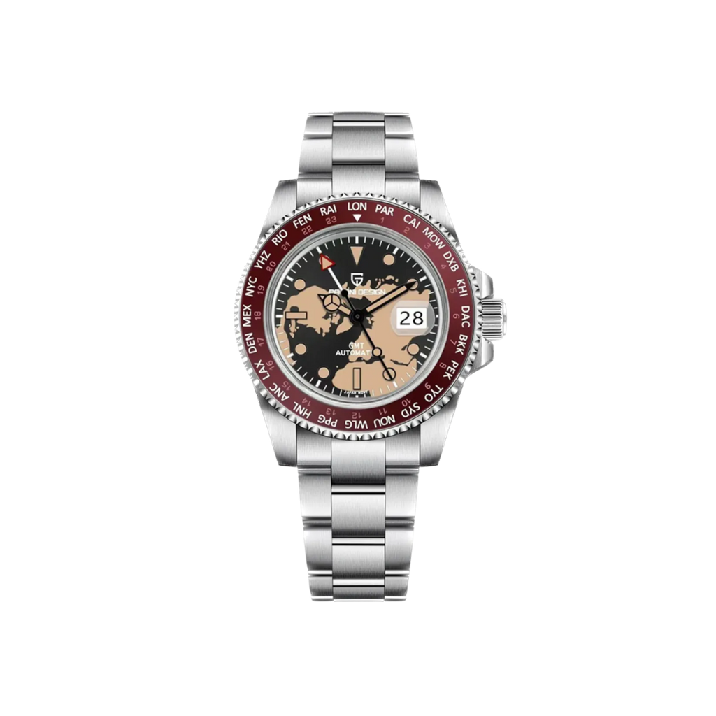 PAGANI DESIGN PD-1758 GMT automatic men's watch with black dial red bezel and silver bracelet