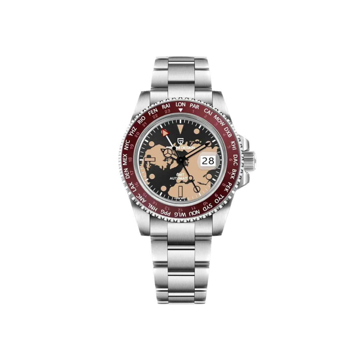 PAGANI DESIGN PD-1758 GMT automatic men's watch with black dial red bezel and silver bracelet