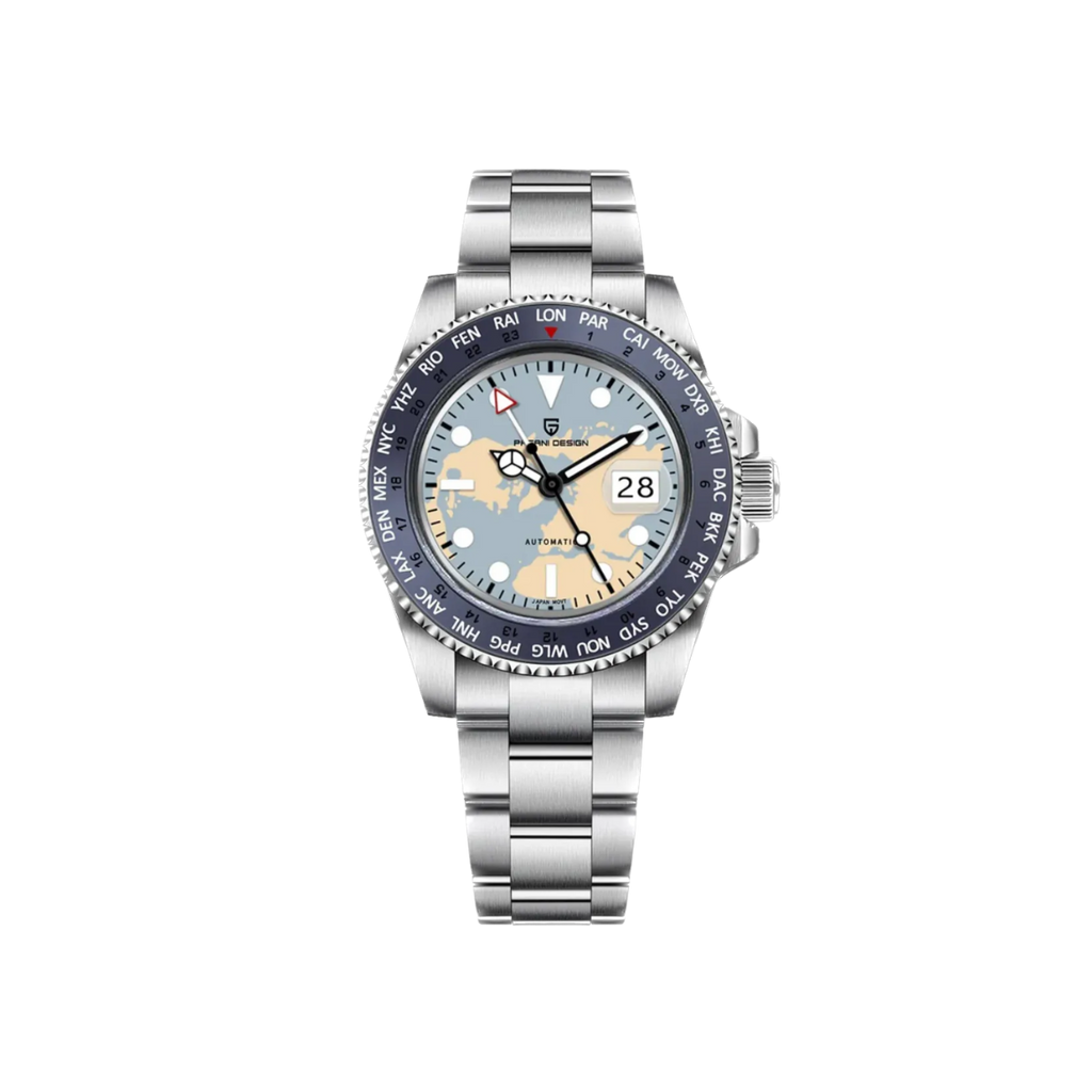 PAGANI DESIGN PD-1758 GMT automatic men's watch with ice blue dial and silver bracelet, front