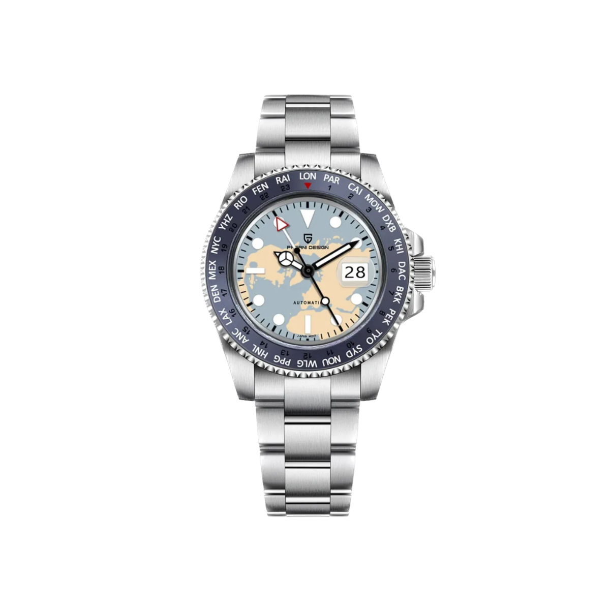 PAGANI DESIGN PD-1758 GMT automatic men's watch with ice blue dial and silver bracelet, front