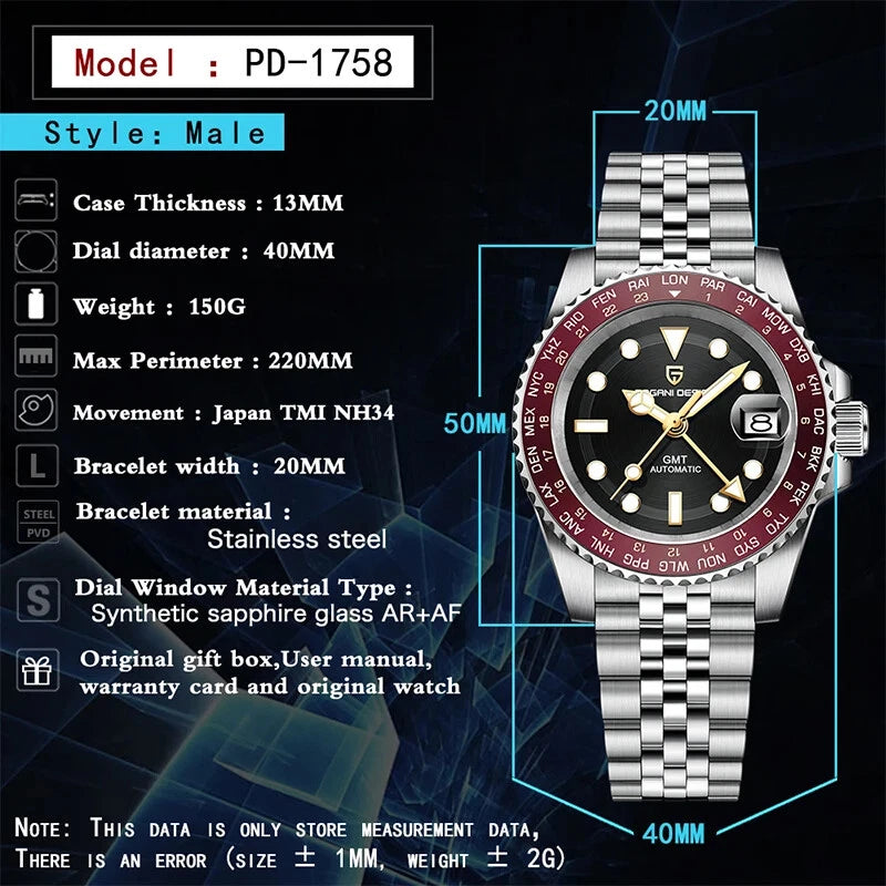 PAGANI DESIGN PD-1758 GMT automatic watch specifications graphic with dimensions