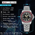 PAGANI DESIGN PD-1758 GMT automatic watch specifications graphic with dimensions