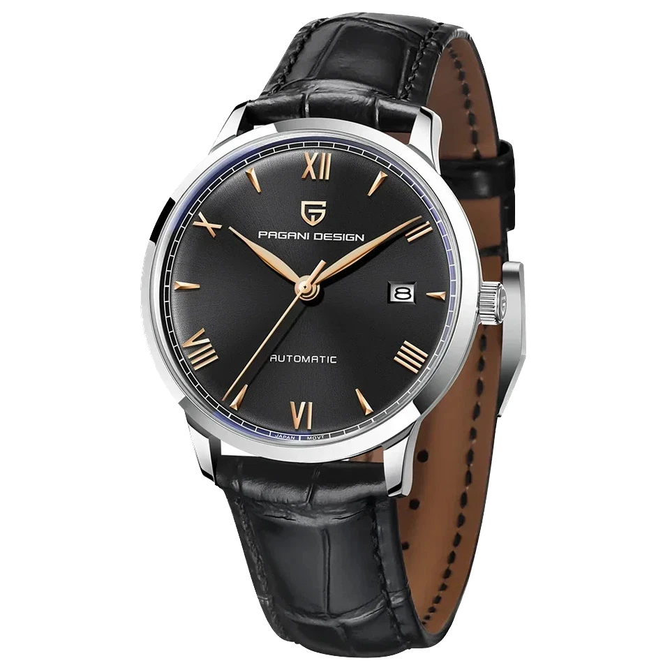 Pagani Design PD-1759 automatic watch black dial gold Roman numerals silver case black leather strap front view