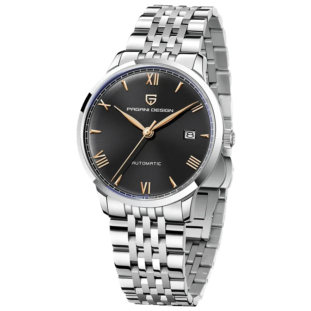 Pagani Design PD-1759 automatic watch front view black dial gold Roman numerals stainless steel bracelet