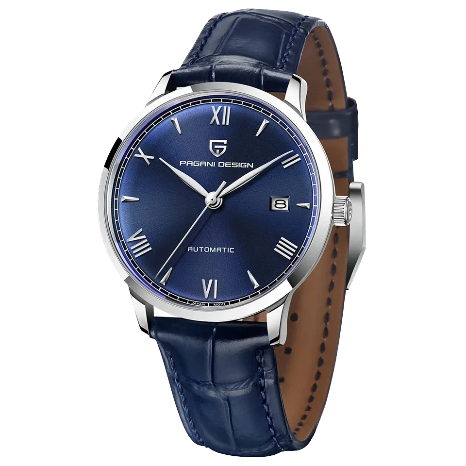 Pagani Design PD-1759 automatic watch blue dial silver case blue leather strap front view