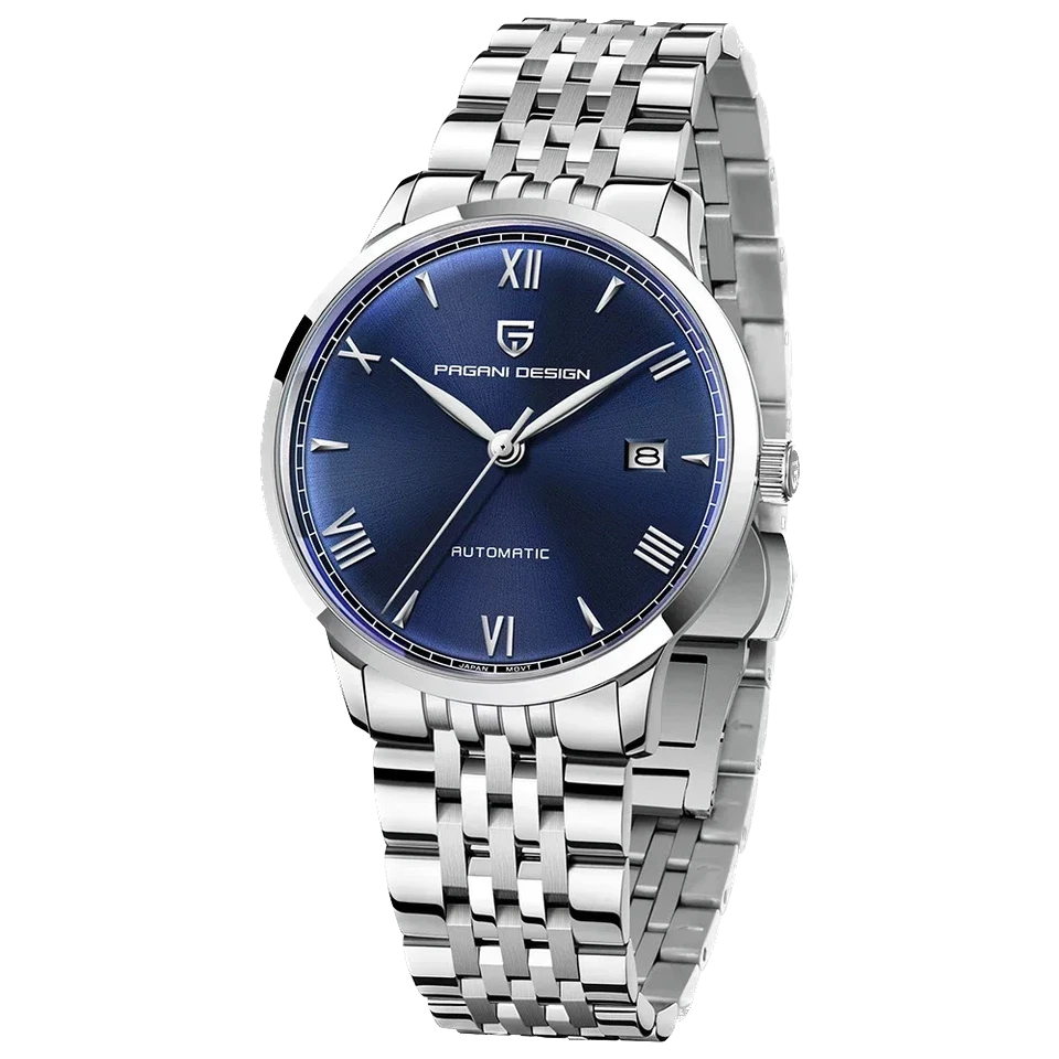 Pagani Design PD-1759 automatic watch blue dial gold-tone hands Roman numerals stainless steel bracelet front view