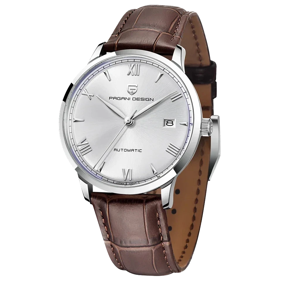 Pagani Design PD-1759 automatic watch silver dial silver case brown leather strap front view
