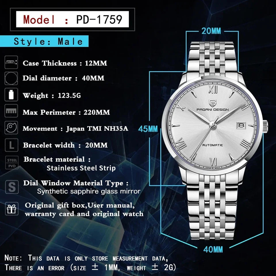 Specifications infographic for Pagani Design PD-1759 automatic watch with silver dial and stainless steel bracelet showing case thickness 12mm dial diameter 40mm weight 123.5g and strap width 20mm