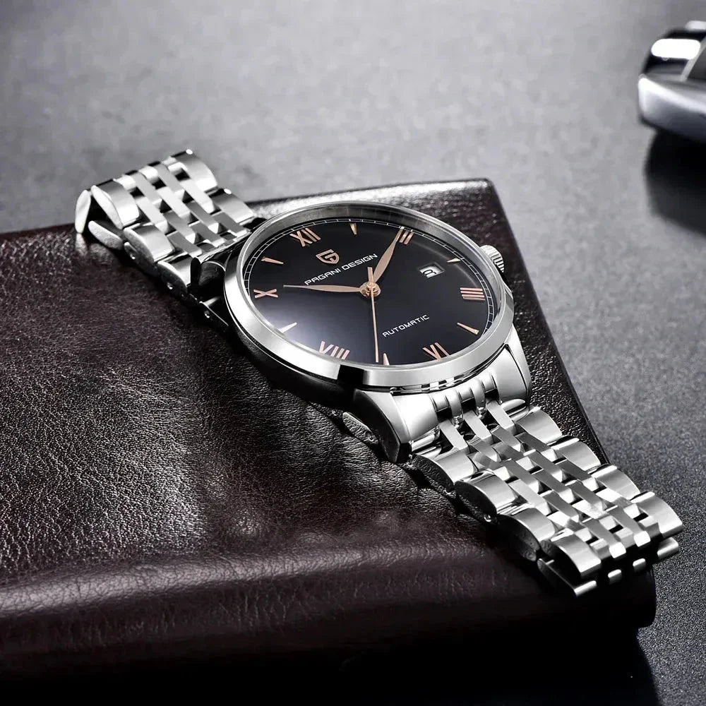 Pagani Design PD-1759 black dial with rose gold Roman numerals on a steel bracelet, angled view