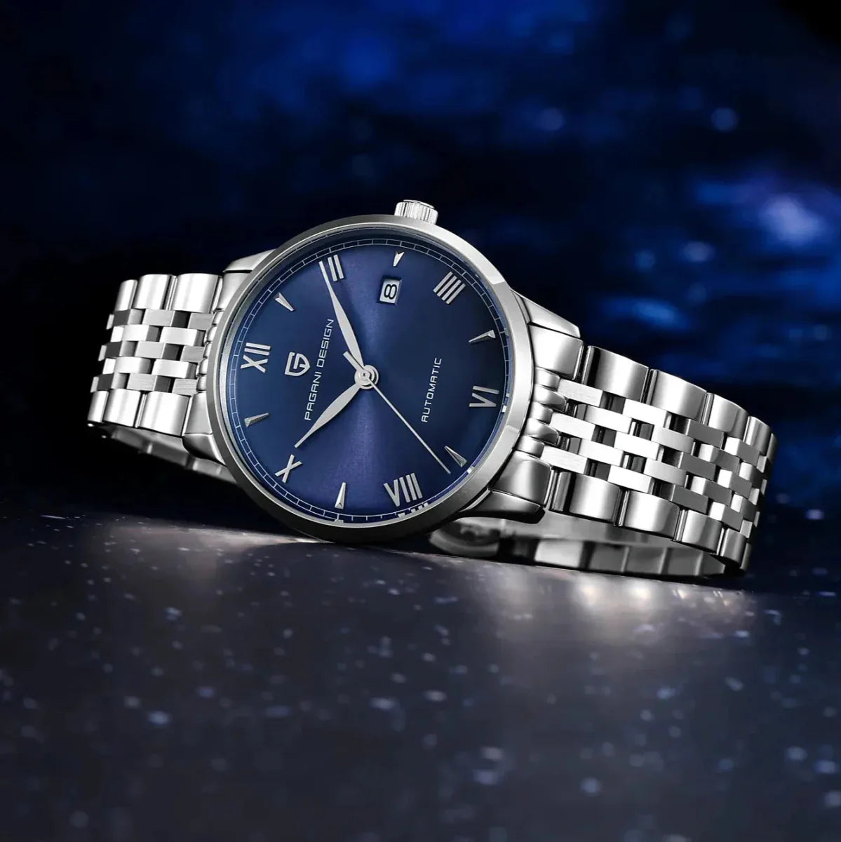 Pagani Design PD-1759 blue dial automatic on a steel bracelet against a starry night backdrop