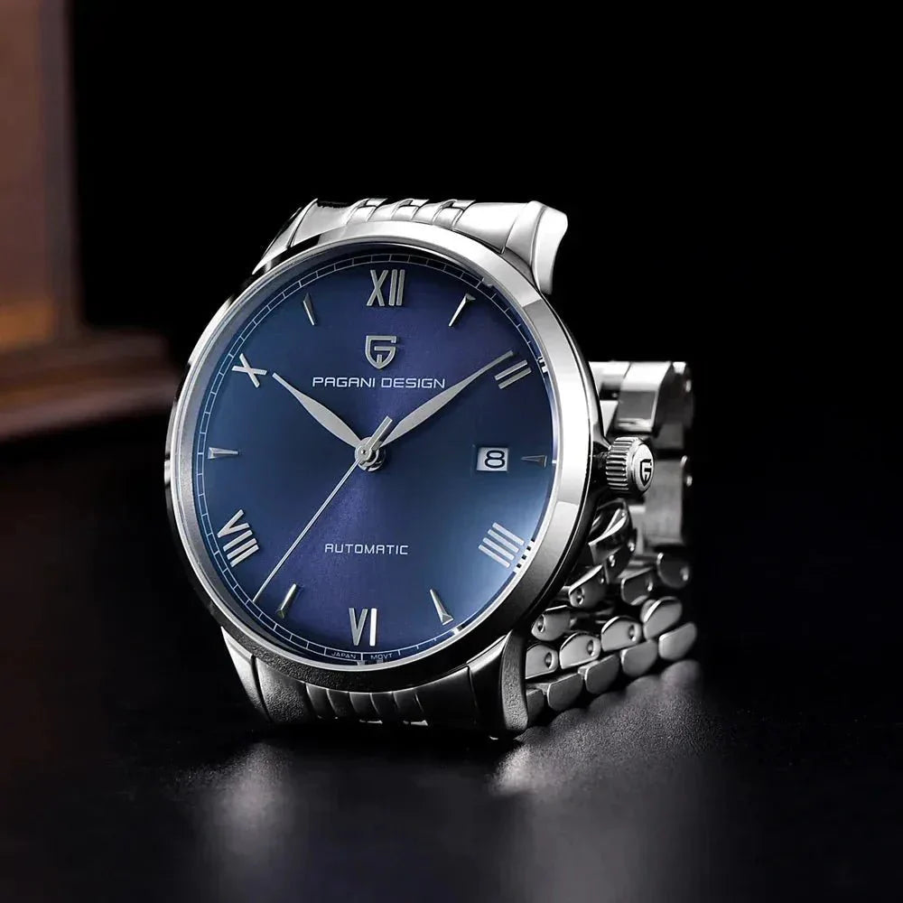Pagani Design PD-1759 blue sunburst dial with steel bracelet, Roman numeral ultra-thin automatic
