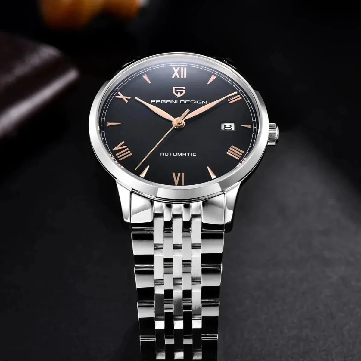 Pagani Design PD-1759 black dial with rose gold Roman numerals, front view of the automatic dress watch
