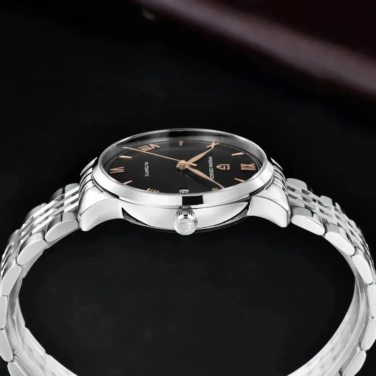 Pagani Design PD-1759 side view showing the ultra-thin case and polished crown, black dial visible