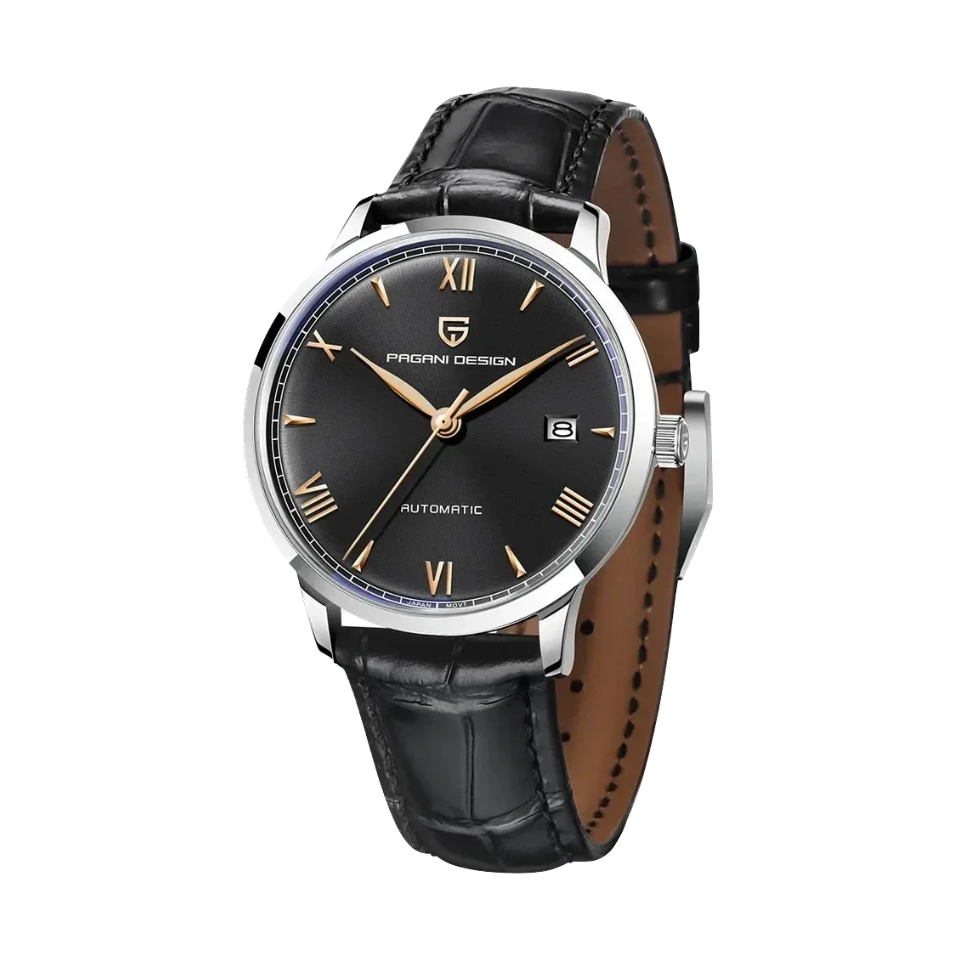 PAGANI DESIGN PD-1759 Ultra-Thin automatic watch with black dial and black leather strap