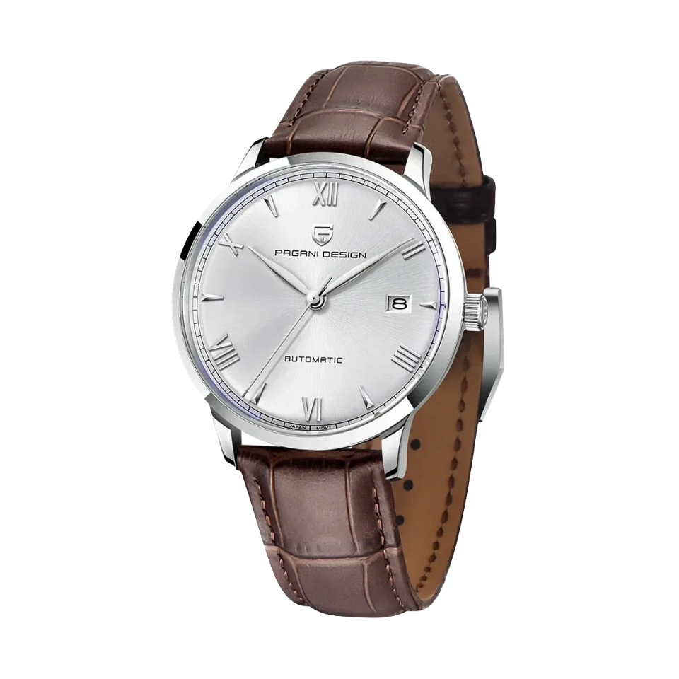 PAGANI DESIGN PD-1759 Ultra-Thin automatic watch with white dial and brown leather strap