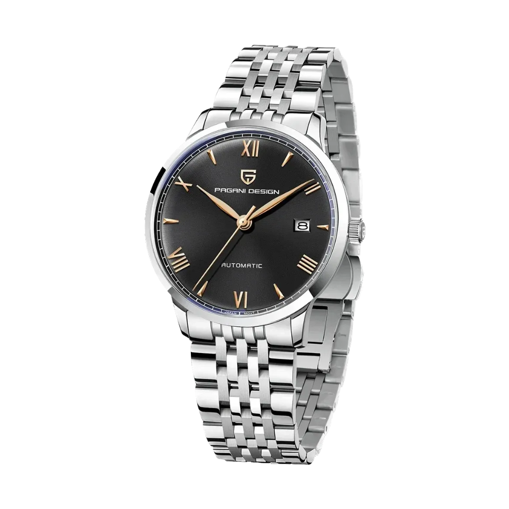 PAGANI DESIGN PD-1759 Ultra-Thin automatic watch with black dial and steel bracelet front view