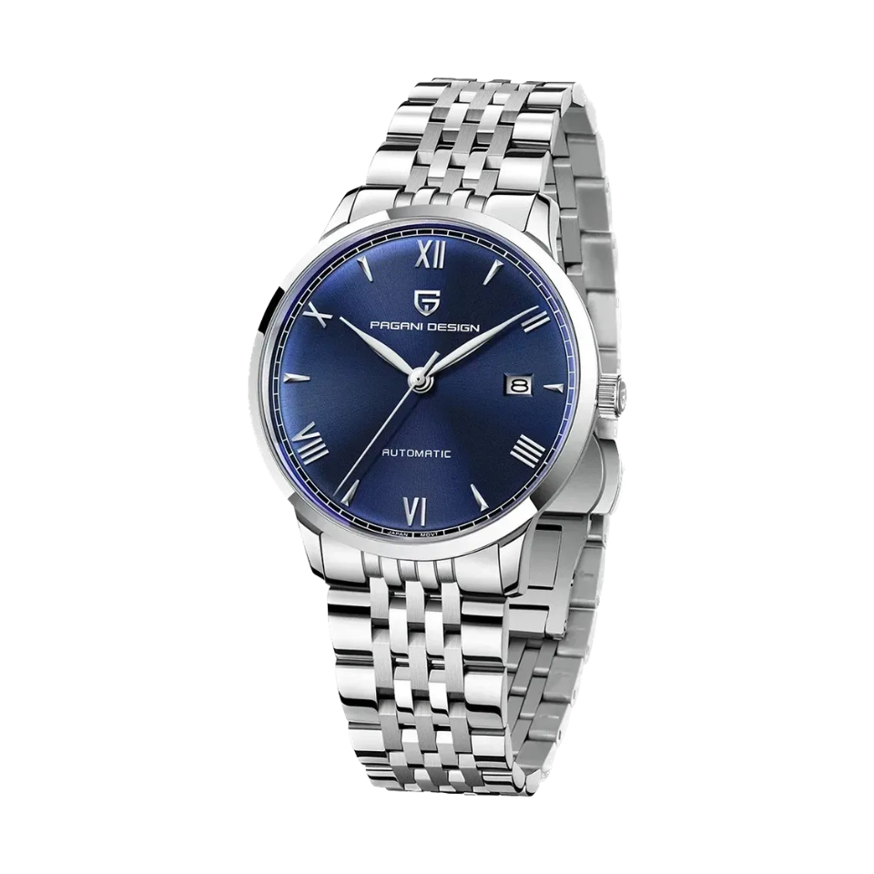 PAGANI DESIGN PD-1759 Ultra-Thin automatic watch with blue dial and steel bracelet front view