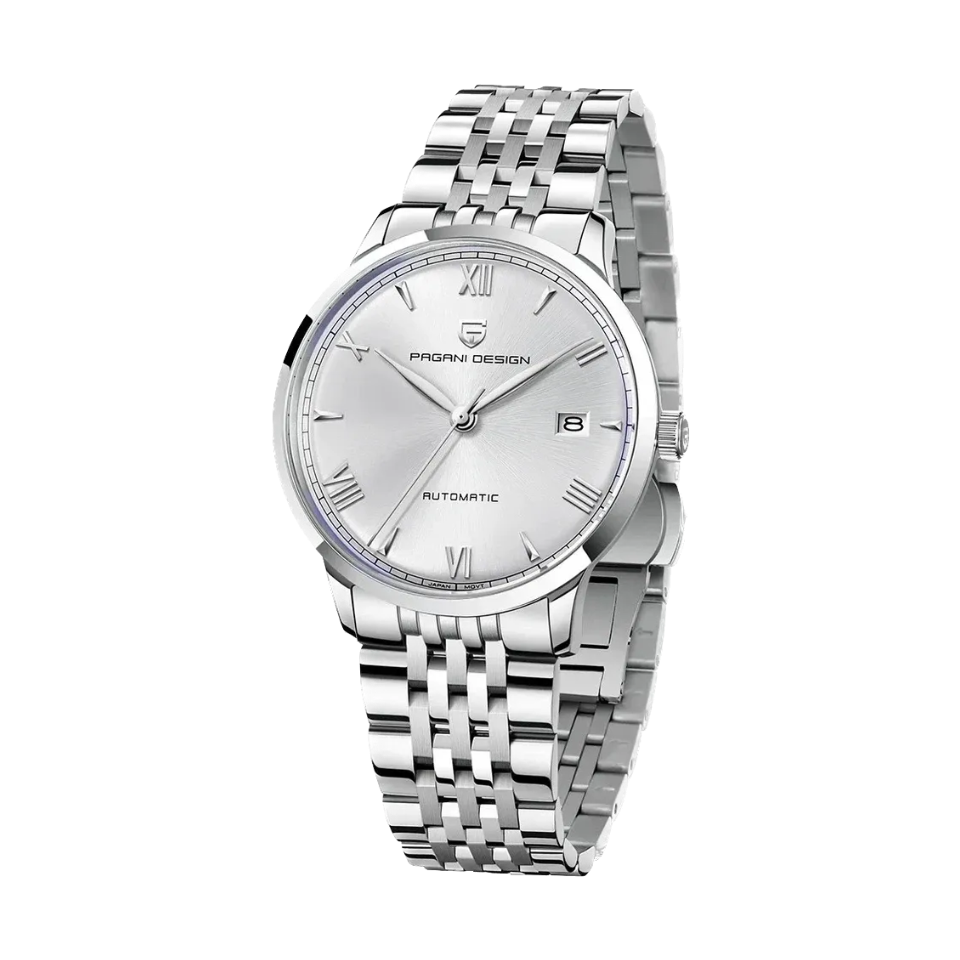 PAGANI DESIGN PD-1759 Ultra-Thin automatic watch with white dial and steel bracelet front view