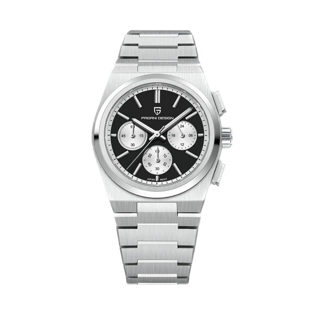 PAGANI DESIGN PD-1761 chronograph watch with black dial and steel bracelet front view
