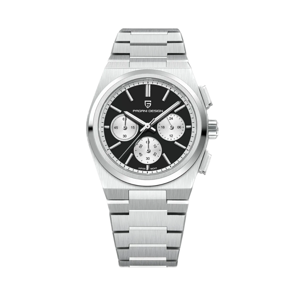 PAGANI DESIGN PD-1761 chronograph watch with black dial and steel bracelet front view