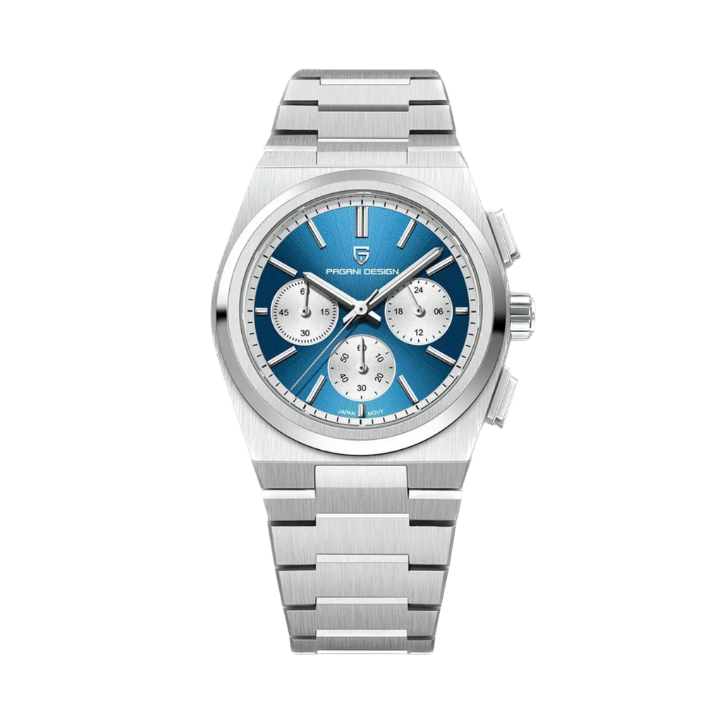 PAGANI DESIGN PD-1761 chronograph watch with blue dial and steel bracelet front view