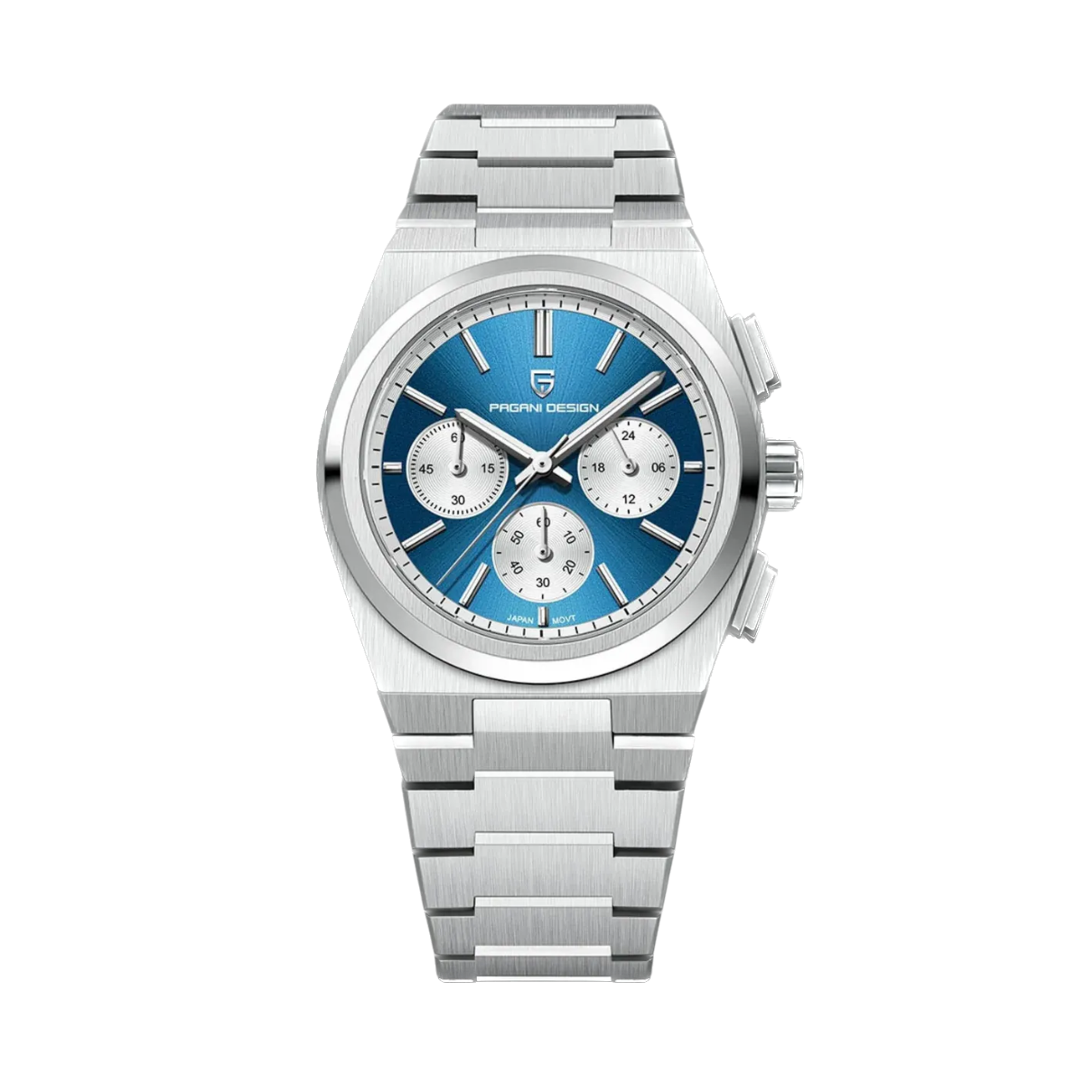 PAGANI DESIGN PD-1761 chronograph watch with blue dial and steel bracelet front view