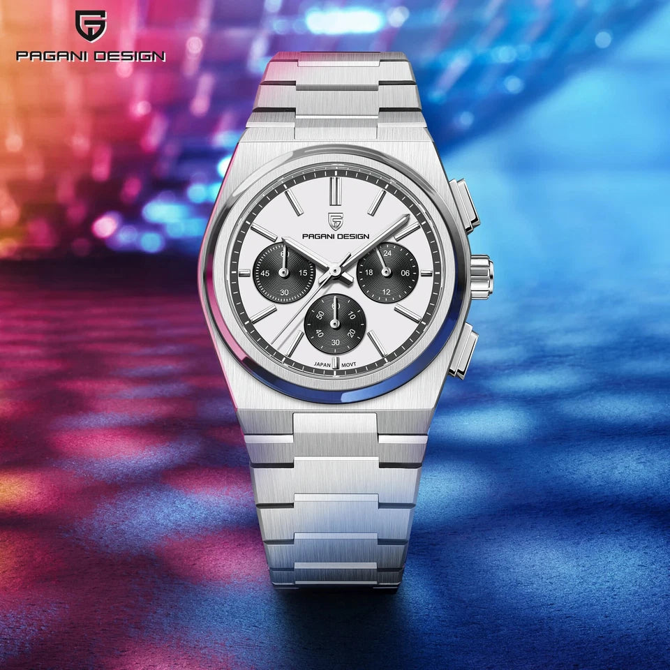 PAGANI DESIGN PD-1761 chronograph VK63 watch with white dial and steel bracelet, front view