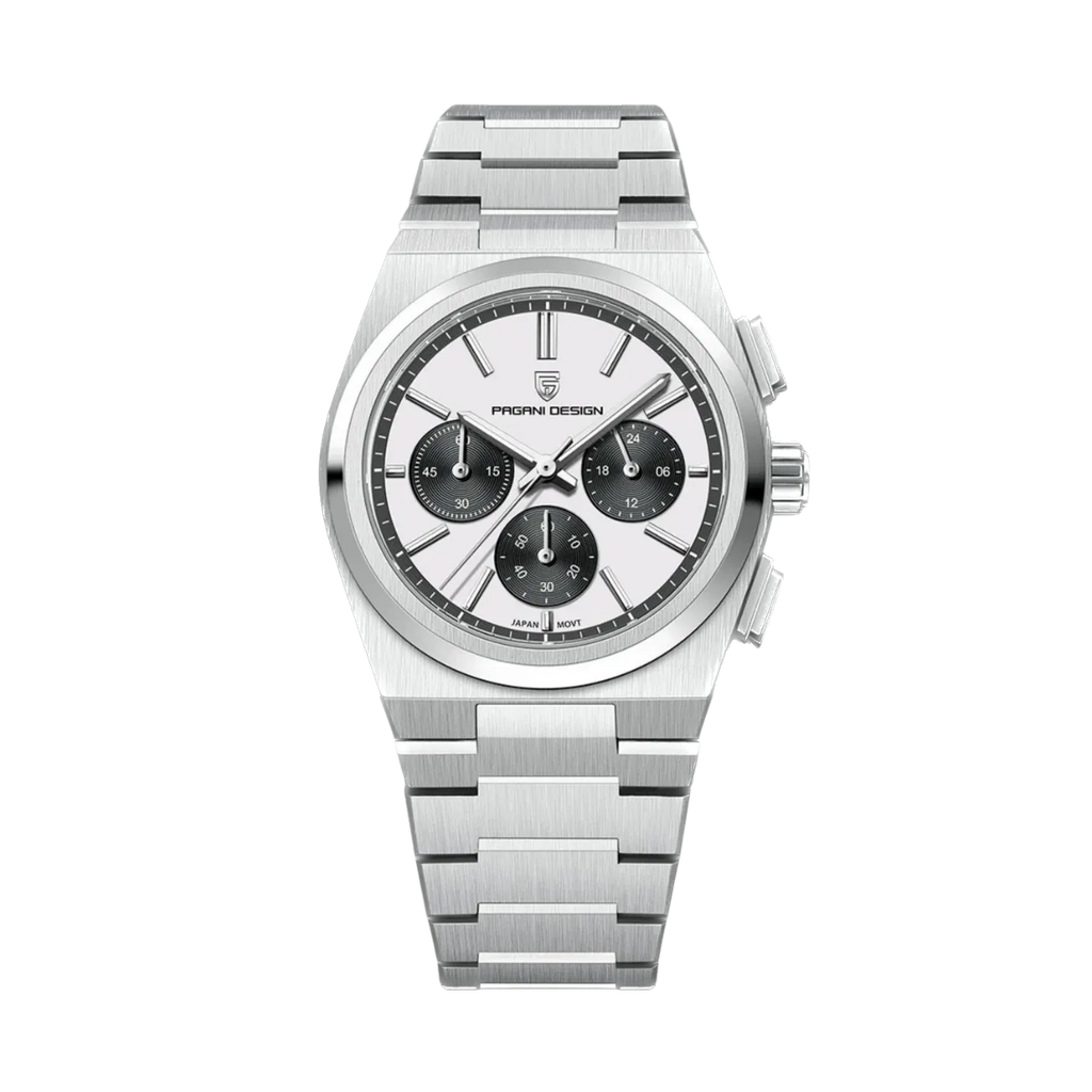 PAGANI DESIGN PD-1761 chronograph watch with white panda dial and steel bracelet