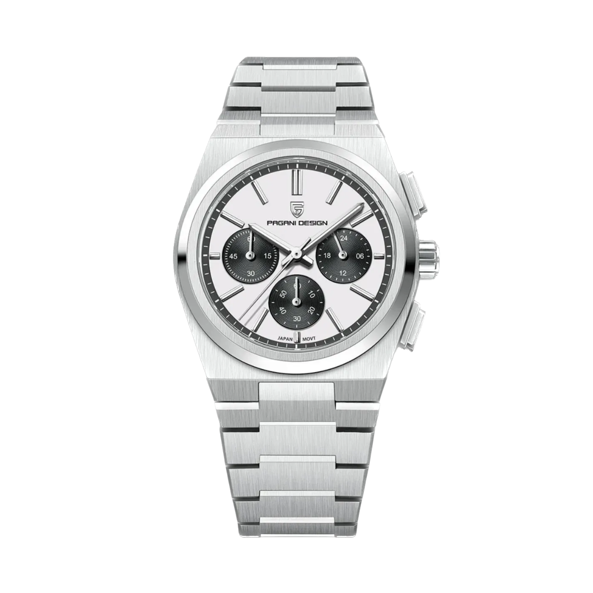 PAGANI DESIGN PD-1761 chronograph watch with white panda dial and steel bracelet