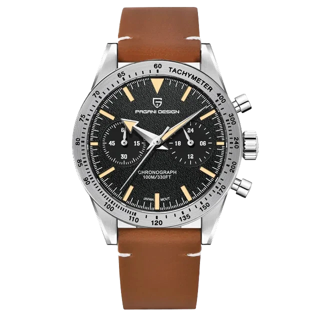 Front view of Pagani Design PD-1766 men’s moon quartz chronograph watch with a black textured dial, beige markers, chronograph subdials, tachymeter bezel, stainless steel case, and brown leather strap on transparent background.