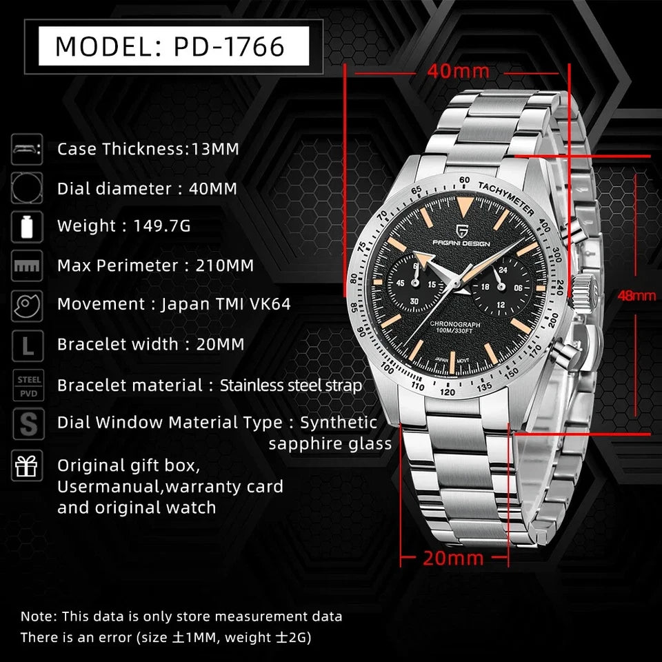 Specification infographic for Pagani Design PD-1766 men's moon quartz chronograph watch with black dial and stainless steel bracelet. The image lists dimensions and features including 13mm case thickness, 40mm dial diameter, 149.7g weight, 210mm maximum bracelet perimeter, Japan TMI VK64 movement, 20mm bracelet width, stainless steel strap, synthetic sapphire glass, and accessories such as a gift box, user manual, warranty card, and original watch.