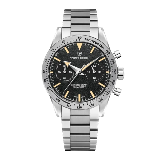Front view of Pagani Design PD-1766 men's moon quartz chronograph watch with a black textured dial, luminous markers, chronograph subdials, tachymeter bezel, stainless steel case, and matching stainless steel bracelet on a transparent background.