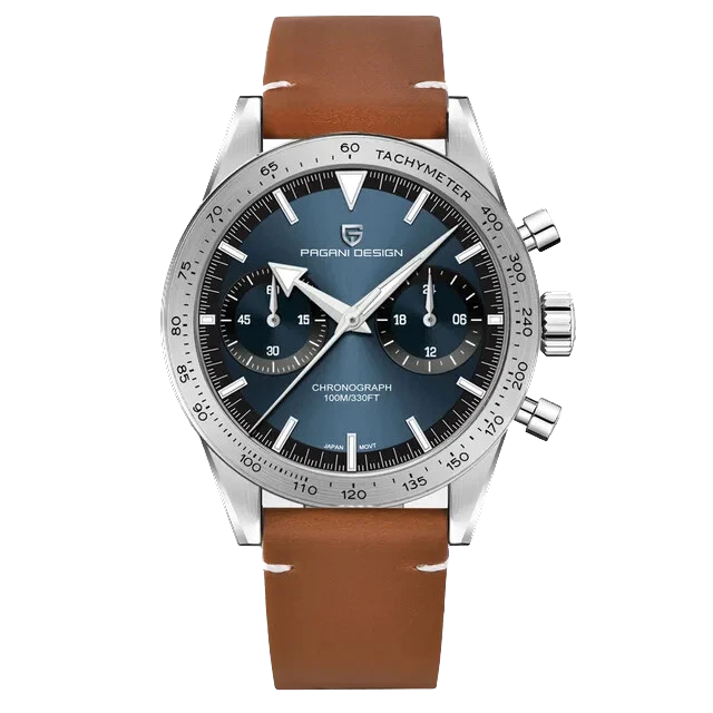 Front view of Pagani Design PD-1766 men's moon quartz chronograph watch with a blue sunburst dial, white markers, chronograph subdials, tachymeter bezel, stainless steel case, and brown leather strap on a transparent background.