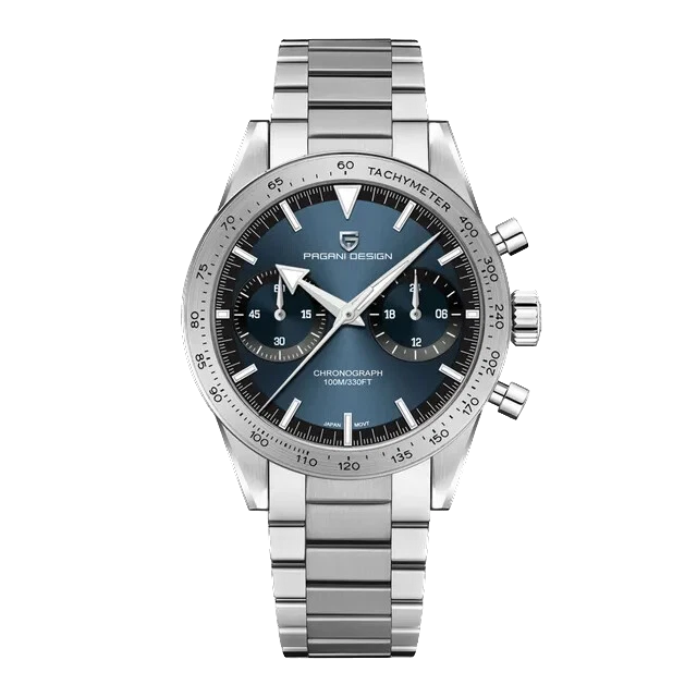 Front view of Pagani Design PD-1766 men's moon quartz chronograph watch with a blue sunburst dial, white markers, chronograph subdials, tachymeter bezel, stainless steel case, and matching stainless steel bracelet on a transparent background.