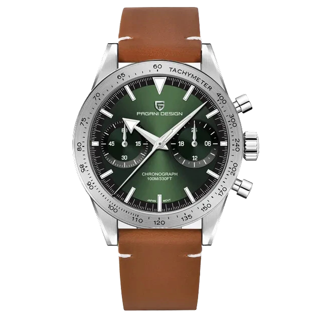 Front view of Pagani Design PD-1766 men's moon quartz chronograph watch with a green sunburst dial, white markers, chronograph subdials, tachymeter bezel, stainless steel case, and brown leather strap on a transparent background.