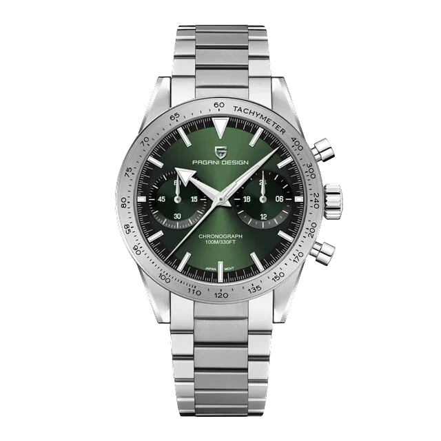 Front view of Pagani Design PD-1766 men's moon quartz chronograph watch with a green sunburst dial, white markers, chronograph subdials, tachymeter bezel, stainless steel case, and matching stainless steel bracelet on a transparent background.
