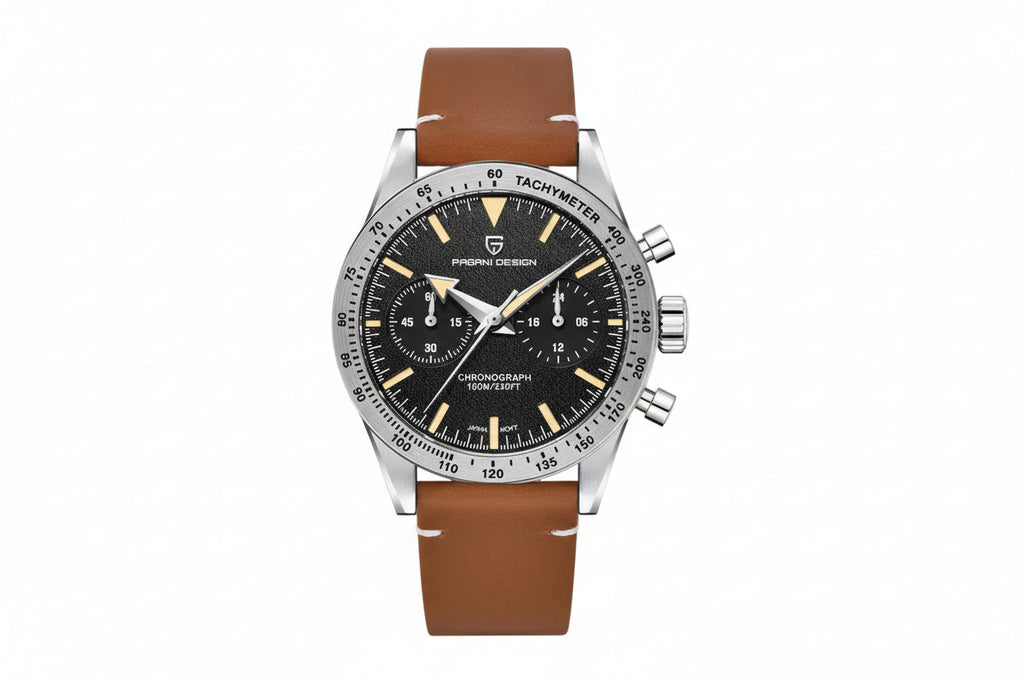 PAGANI DESIGN PD-1766 Moon chronograph watch with black dial and brown leather strap
