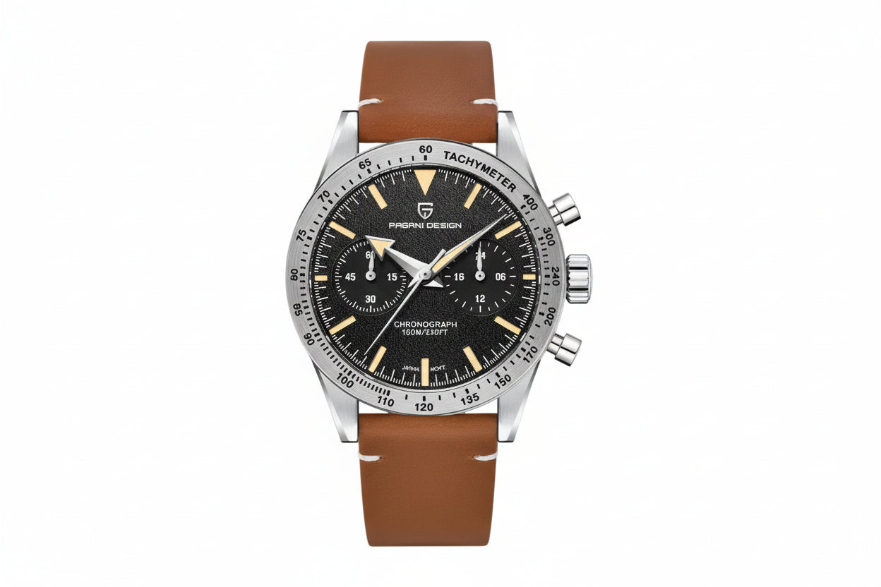 PAGANI DESIGN PD-1766 Moon chronograph watch with black dial and brown leather strap