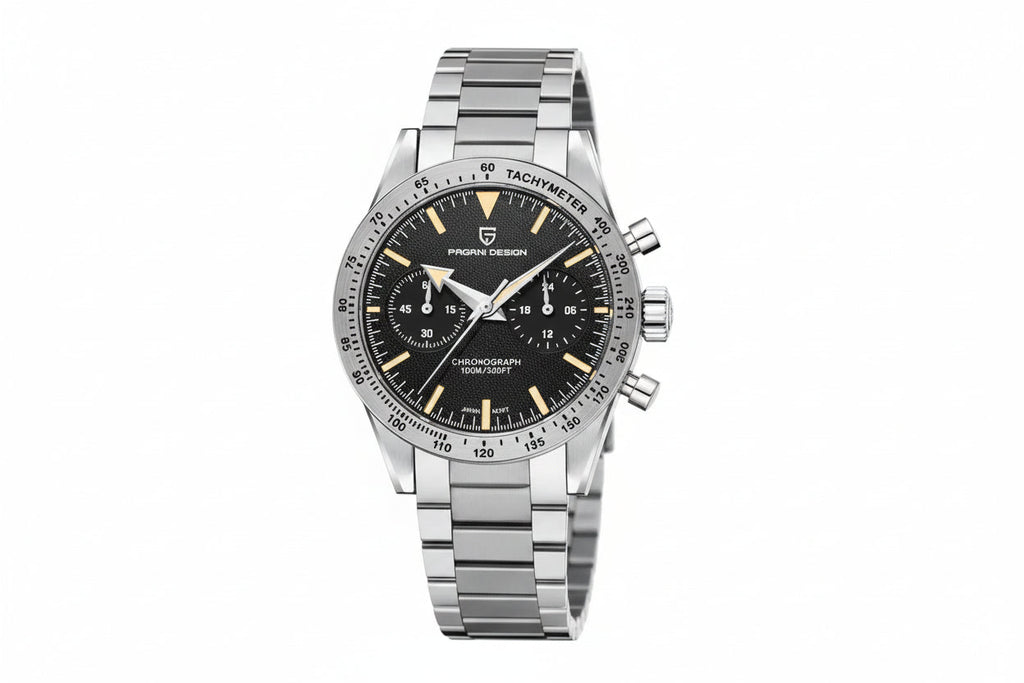 PAGANI DESIGN PD-1766 Moon chronograph watch with black dial and steel bracelet front view
