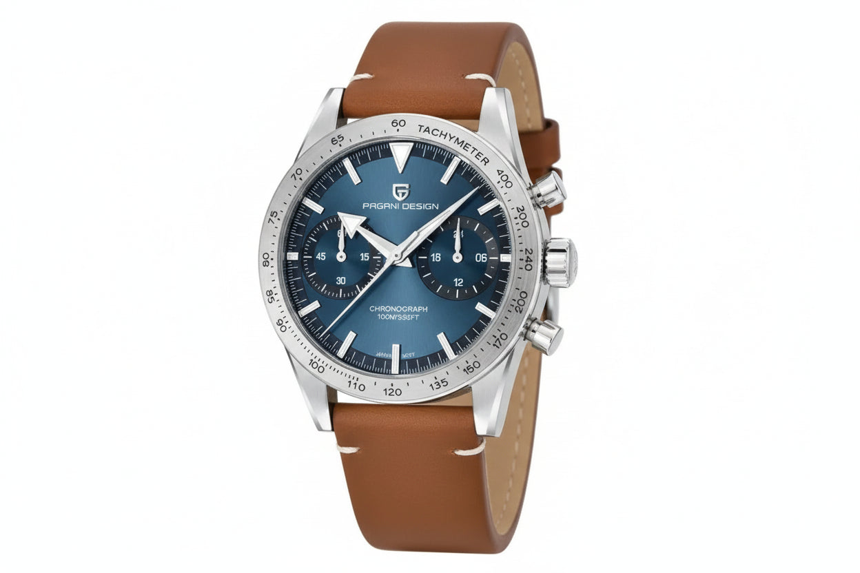 PAGANI DESIGN PD-1766 Moon chronograph watch with blue dial and brown leather strap angled