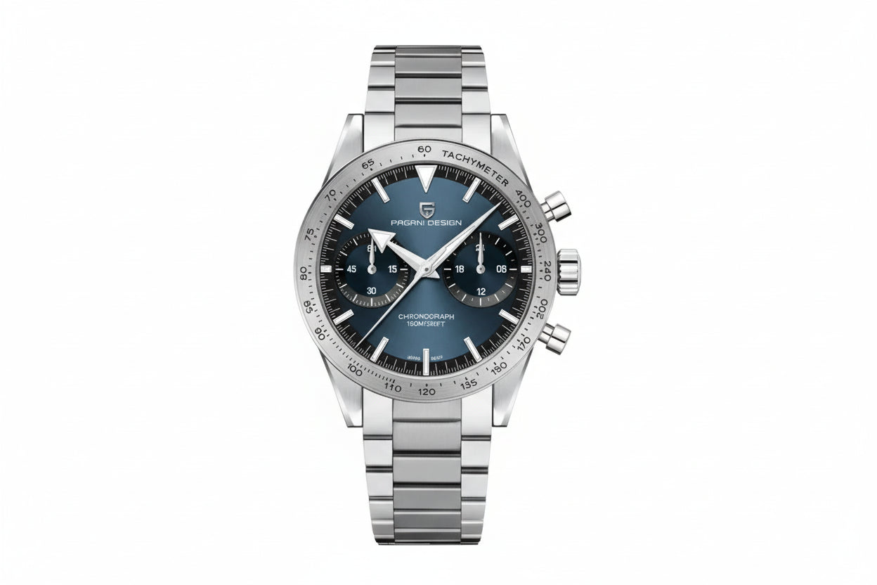 PAGANI DESIGN PD-1766 Moon chronograph watch with blue dial and steel bracelet front view