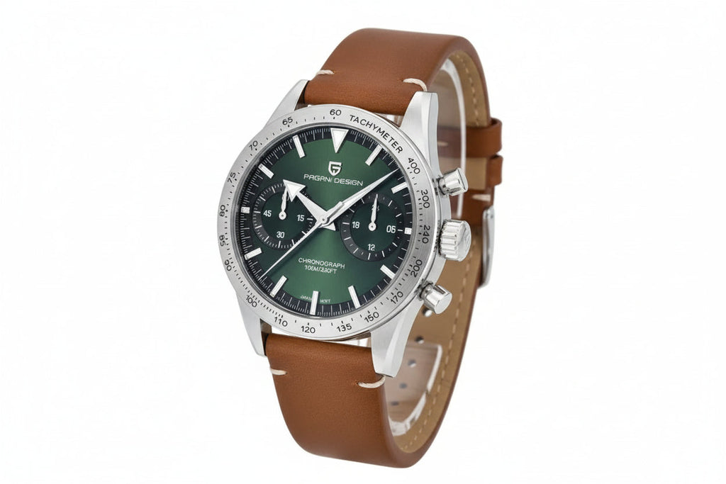 PAGANI DESIGN PD-1766 Moon chronograph watch with green dial and brown leather strap angled