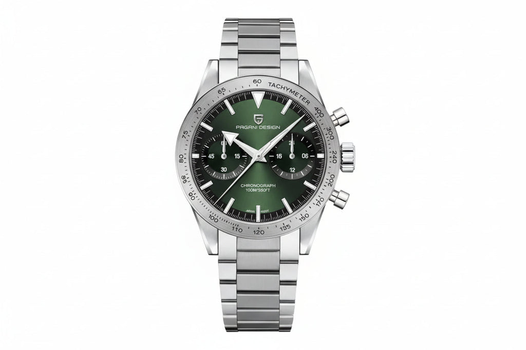 PAGANI DESIGN PD-1766 Moon chronograph watch with green dial and steel bracelet front view