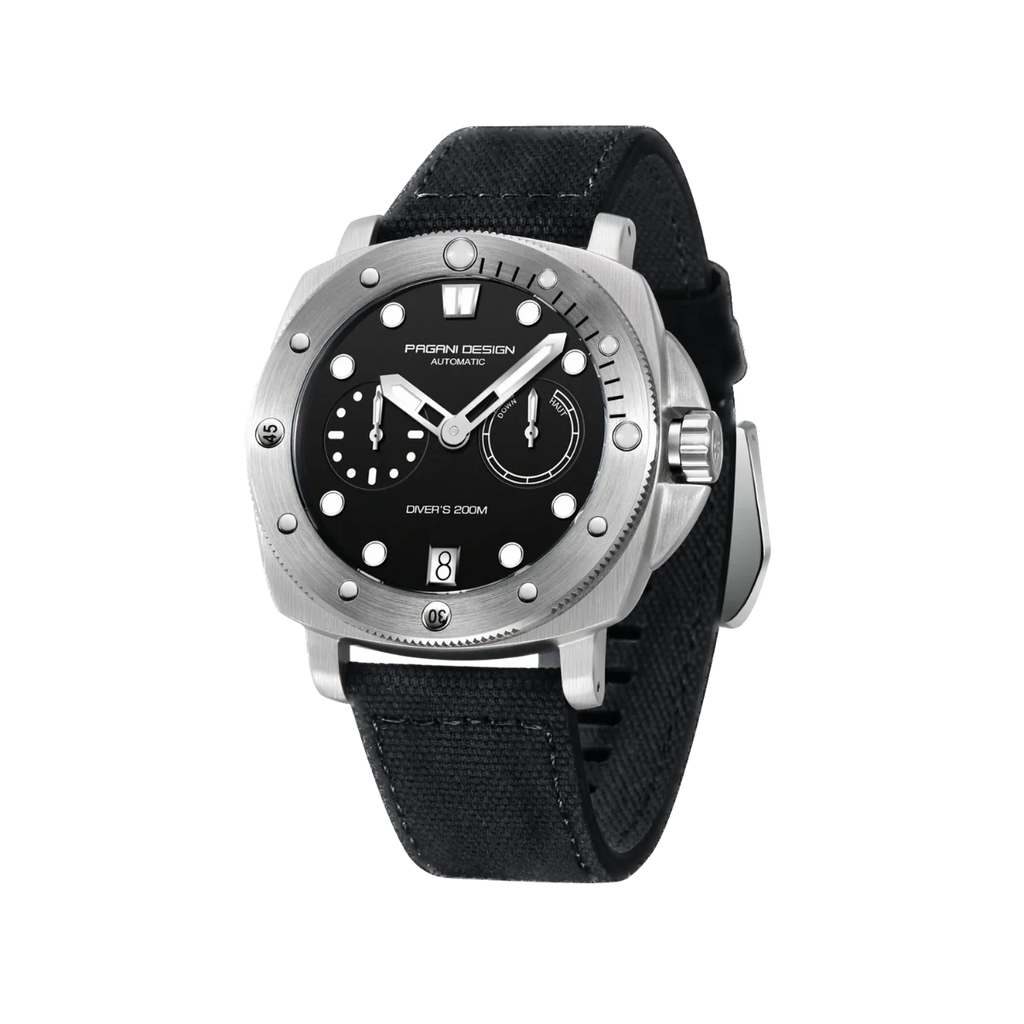 PAGANI DESIGN PD-1767 automatic diver watch with black dial and canvas strap angled view