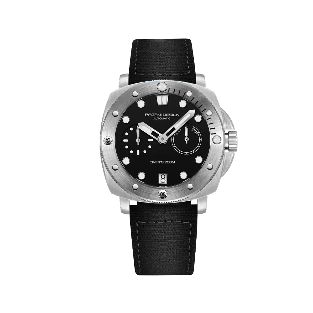 PAGANI DESIGN PD-1767 automatic diver watch with black dial and black canvas strap front view