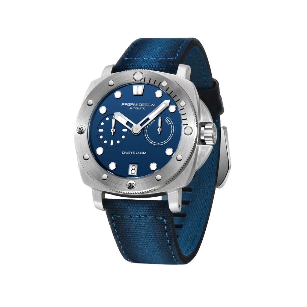 PAGANI DESIGN PD-1767 automatic diver watch with blue dial and blue canvas strap angled view