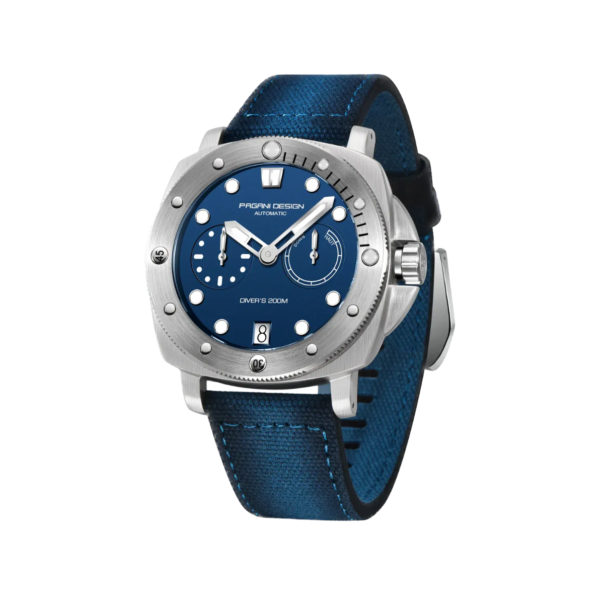 PAGANI DESIGN PD-1767 automatic diver watch with blue dial and blue canvas strap angled view