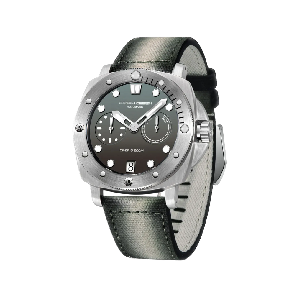 PAGANI DESIGN PD-1767 automatic diver watch with gray dial and camo canvas strap angled view