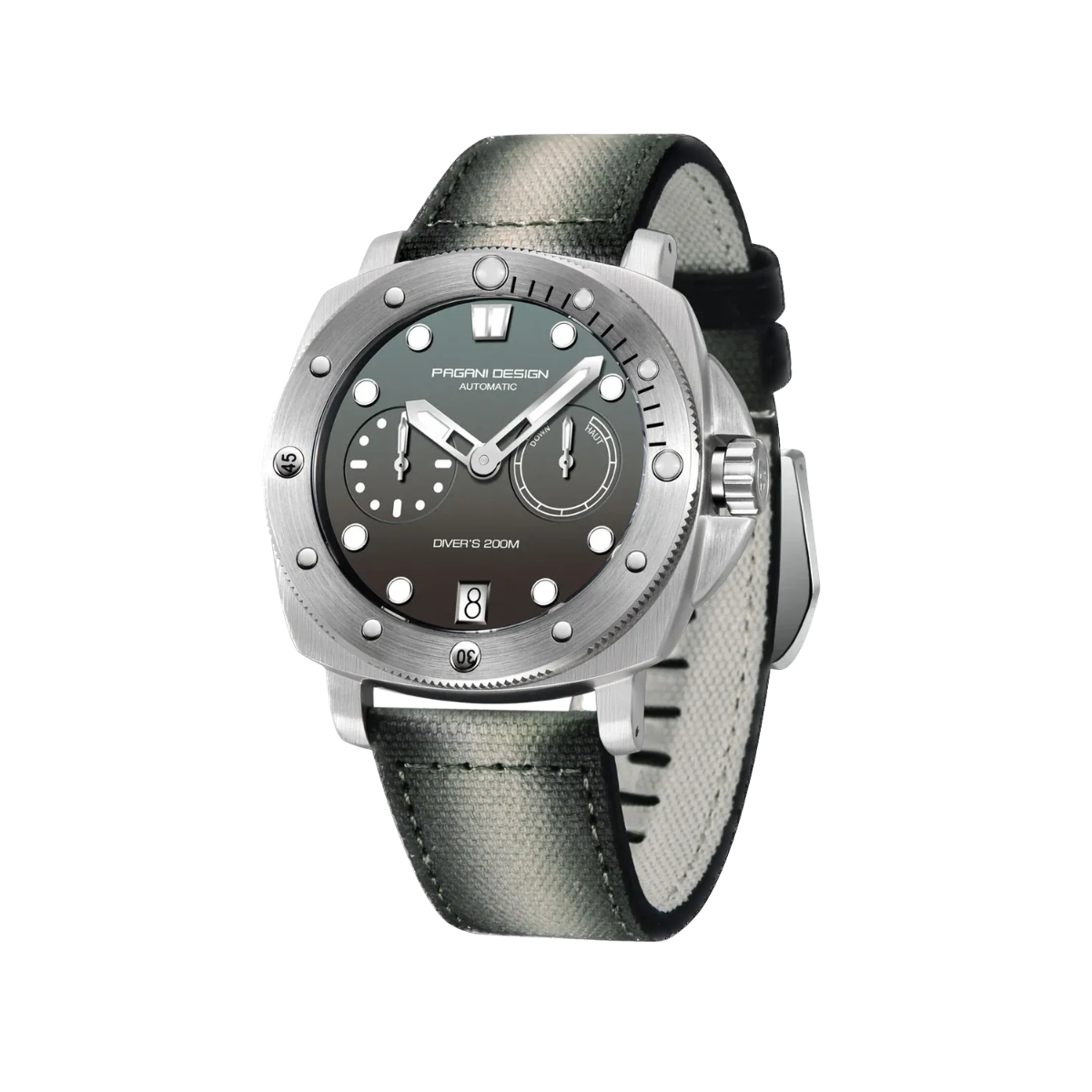 PAGANI DESIGN PD-1767 automatic diver watch with gray dial and camo canvas strap angled view