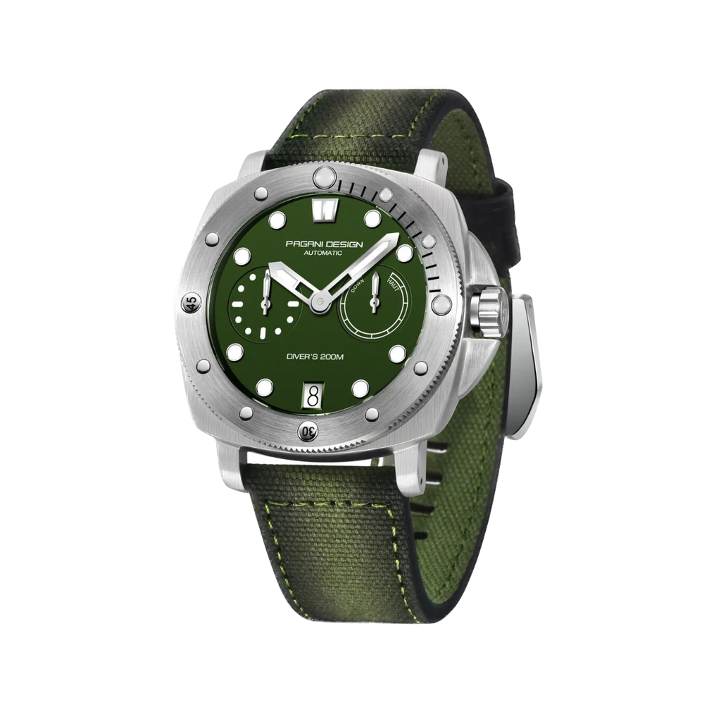 PAGANI DESIGN PD-1767 automatic diver watch with green dial and green canvas strap angled view